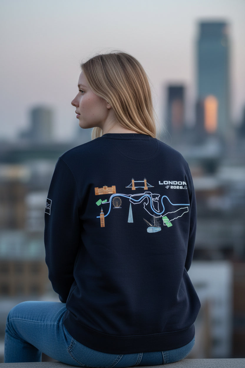 Corral Running The London Sweatshirt front view, heavyweight cotton crewneck with embroidered chest detail