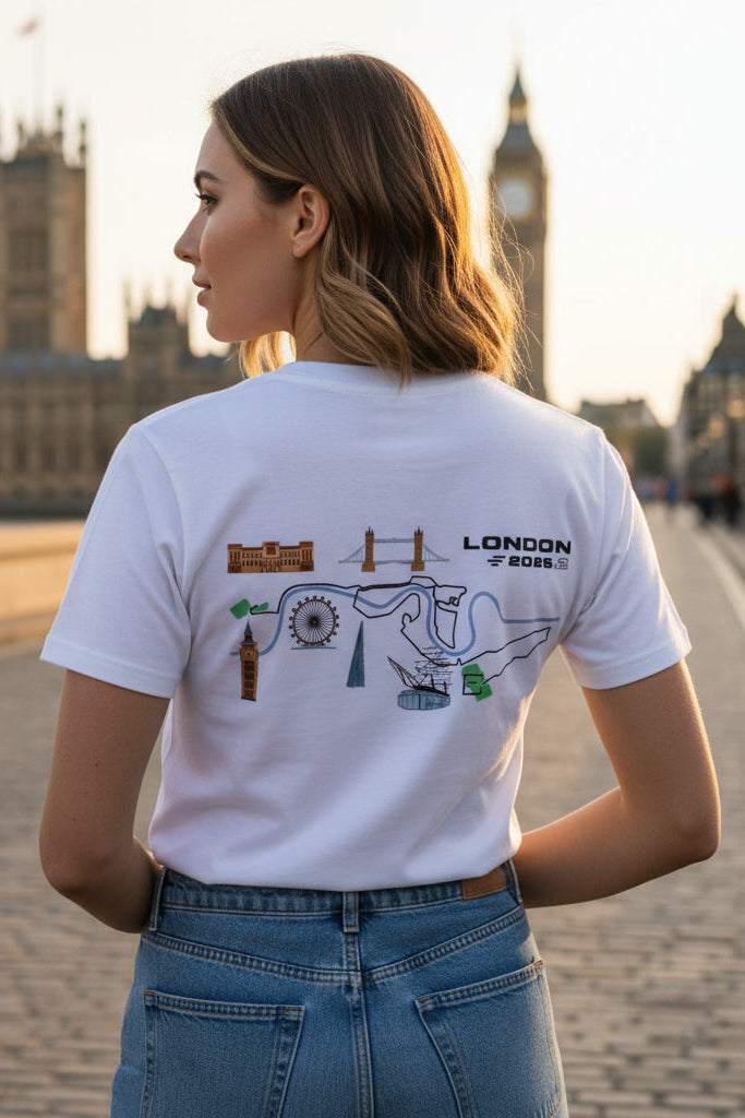 Woman wearing Corral Running London women’s crewneck t-shirt, front view