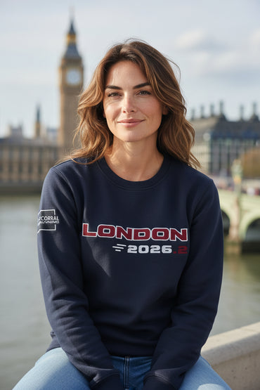 Angled front view of The London Classic Sweatshirt 2026.2 Edition showing embroidered detail on chest