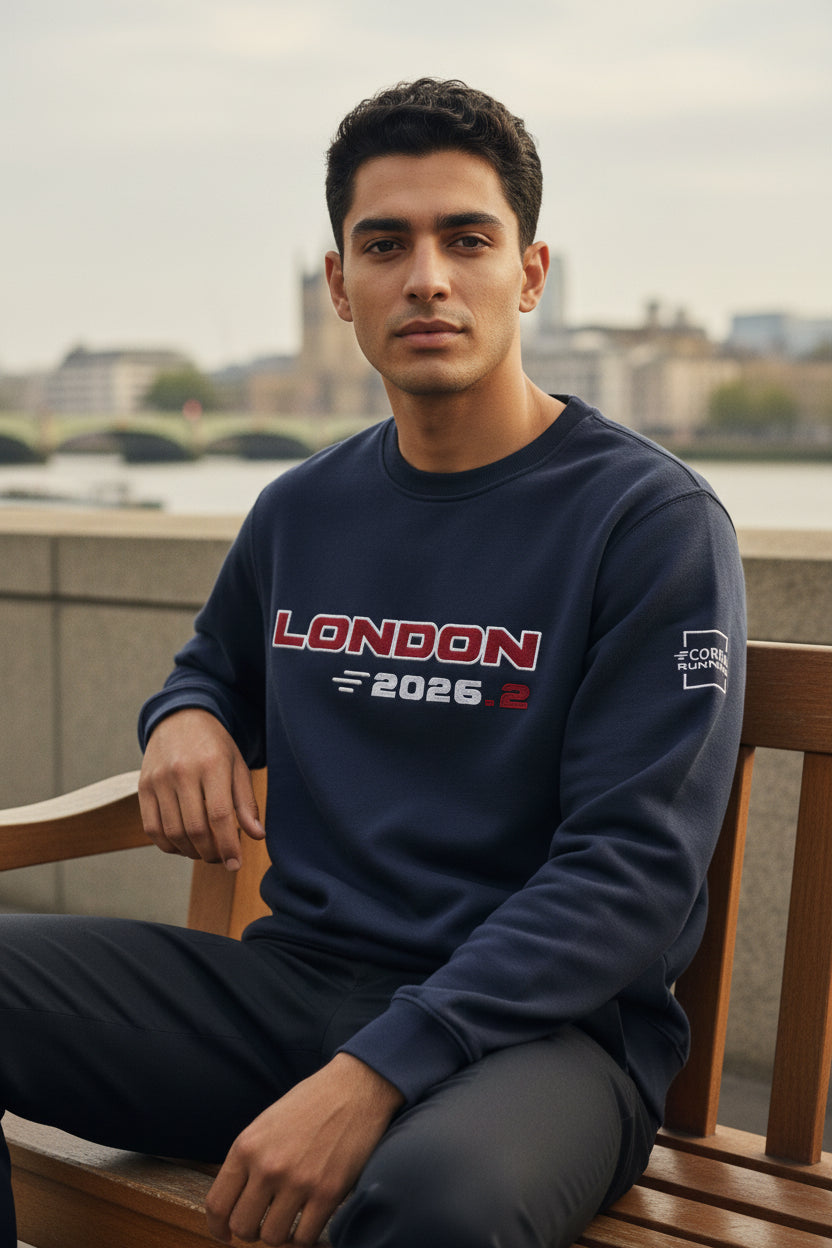 Front view of The London Classic Sweatshirt 2026.2 Edition by Corral Running, heavyweight cotton crewneck with embroidered graphic