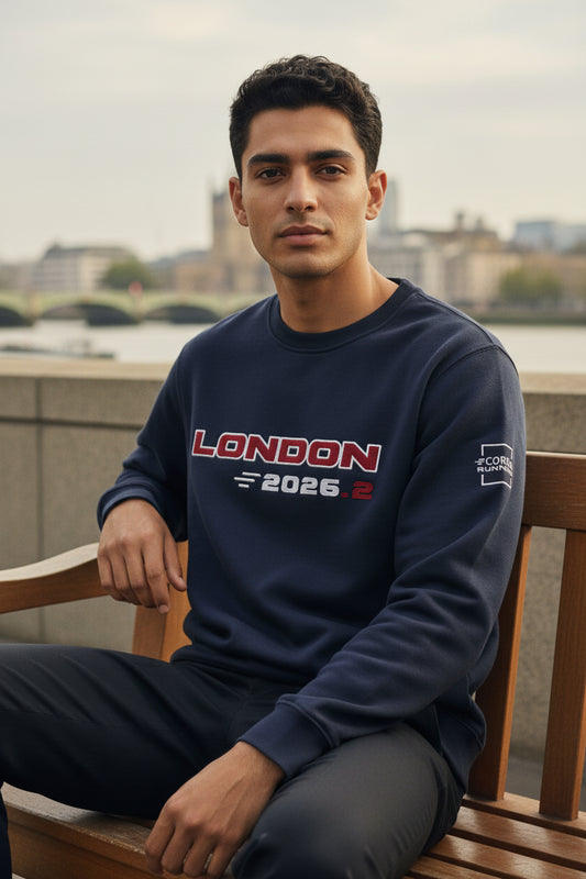 Front view of The London Classic Sweatshirt 2026.2 Edition by Corral Running, heavyweight cotton crewneck with embroidered graphic
