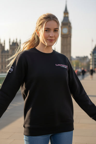 The London Sweatshirt angled front view showing crewneck collar and embroidered logo detail
