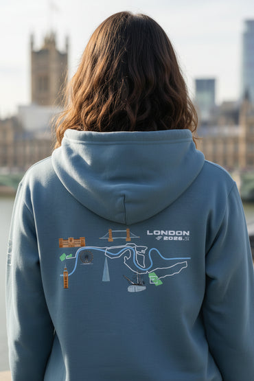 Back view of London hoodie showing bold London course map graphic print