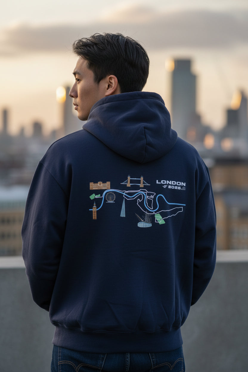 Front view of Corral Running London heavyweight hoodie with embroidered chest detail