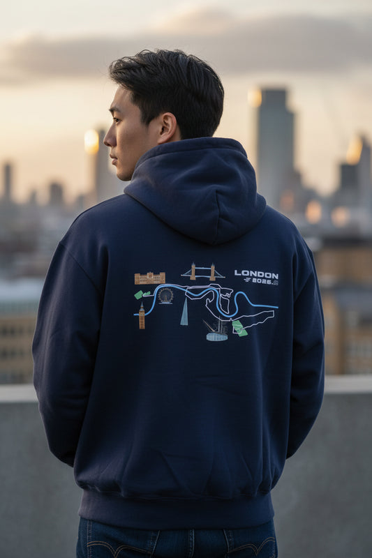 Front view of Corral Running London heavyweight hoodie with embroidered chest detail
