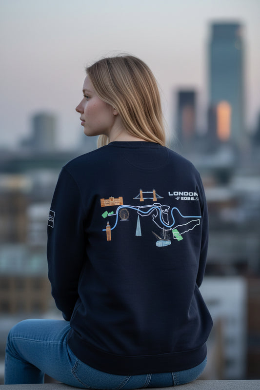 Corral Running The London Sweatshirt front view, heavyweight cotton crewneck with embroidered chest detail