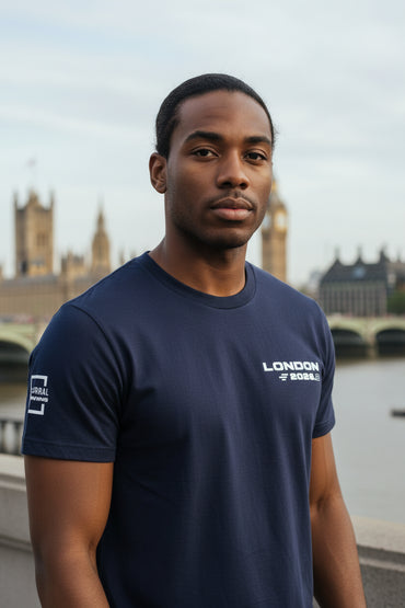 Corral Running London men's t-shirt back view with bold London course map graphic